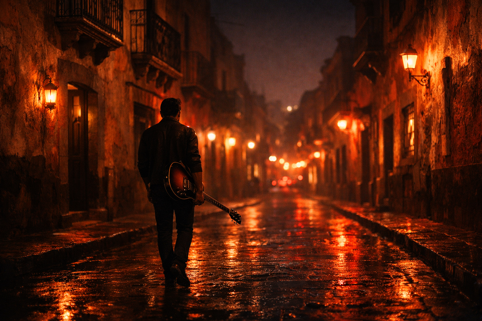 Late Distinto imprint hero scene with guitar and warm Mexican night atmosphere